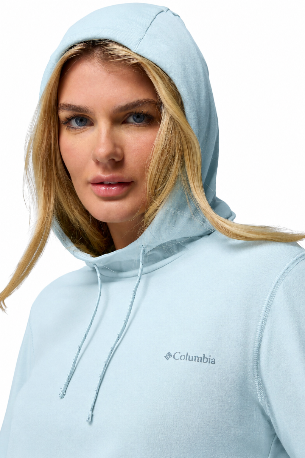 Sweat-shirt anti-UV femme bleu clair UPF 50+, avec capuche, pour une protection solaire élégante.