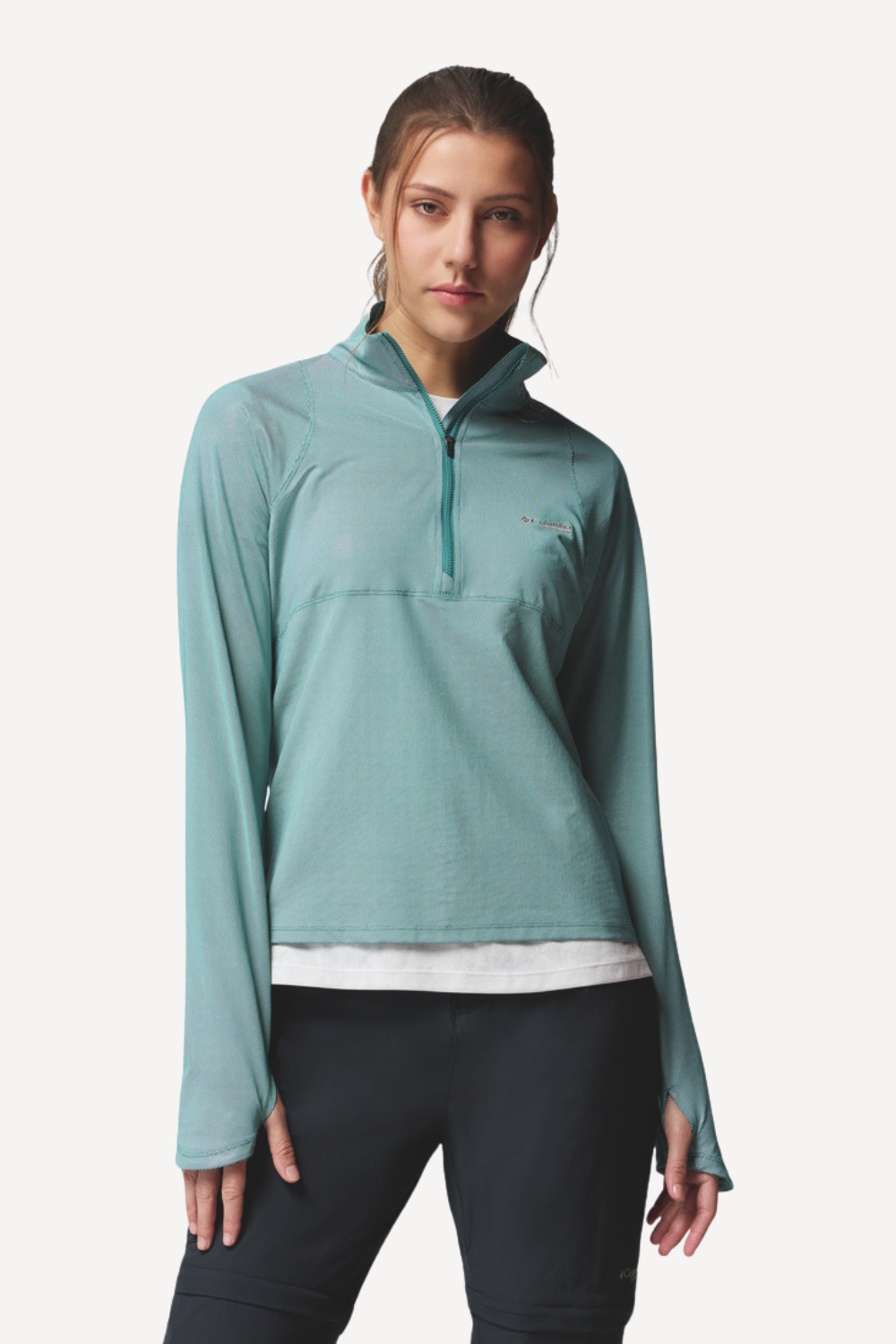 Hoodie anti-UV femme, léger et respirant, couleur turquoise, offrant protection solaire UPF 50+.