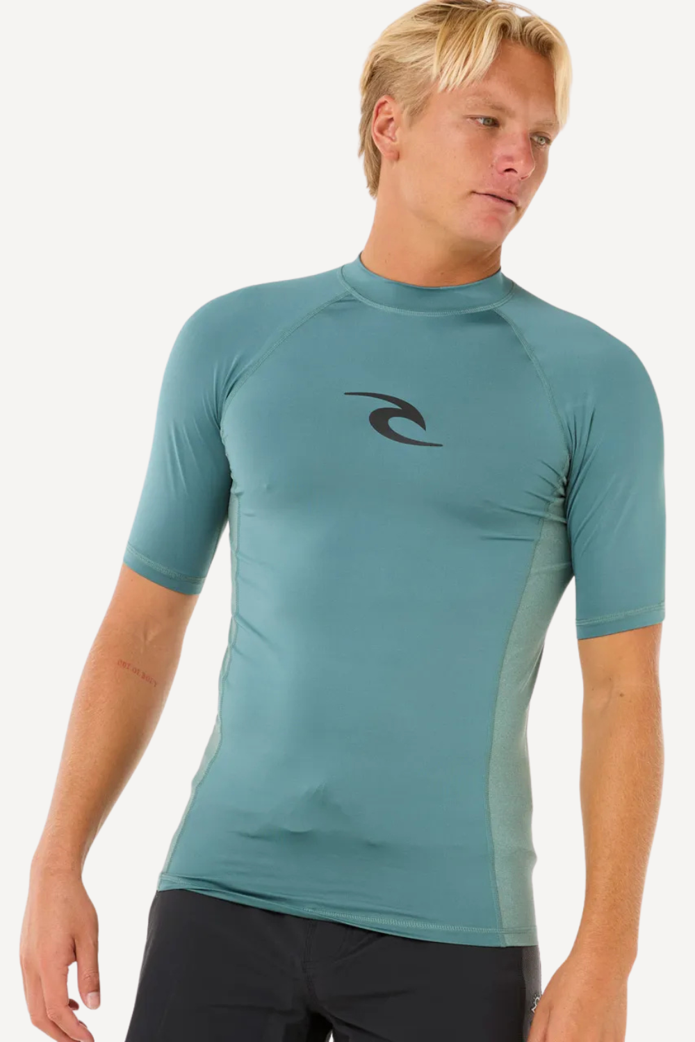 Lycra anti-UV homme à manches courtes, couleur bleu-vert, design élégant, UPF 50+ pour protection solaire.