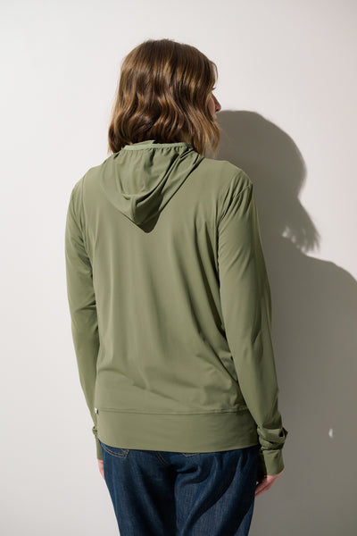 Veste anti-UV - Oasis pour femme, à capuche, légère et confortable, couleur verte, parfaite pour activités en plein air.