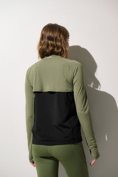 Shrug anti-UV - Sequoia pour femme, manches longues, UPF 50+, en coloris noir et vert, idéal pour la protection solaire.