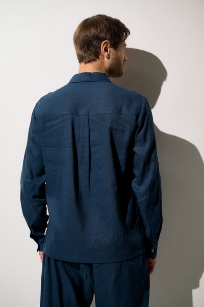 Chemise anti-UV - Sylt en lin bleu pour homme, manches longues, légère et respirante, idéale pour la protection solaire.