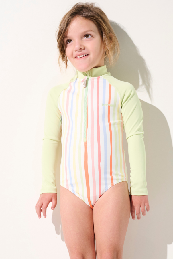 Maillot de bain anti-UV manches longues - Flores pour fille, rayé, UPF 50+, idéal pour les activités aquatiques.