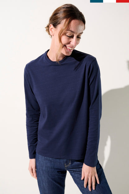 T-shirt anti-UV - La Rochelle, manches longues, bleu marine pour femme, UPF 50+, confortable et élégant.