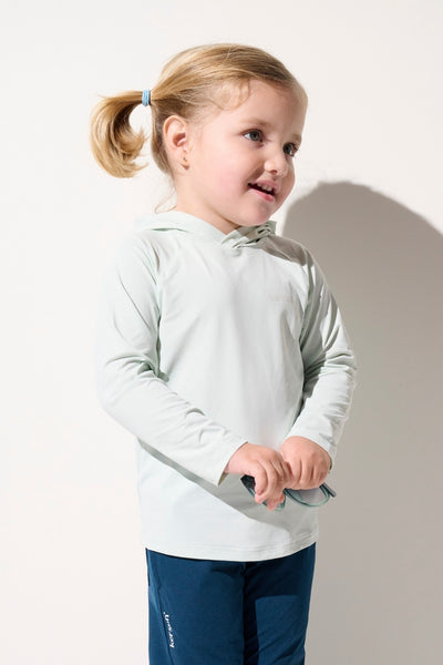 T-shirt anti-UV à capuche - Oasis, léger et confortable, conçu pour enfants, couleur vert clair, protection solaire UPF 50+.