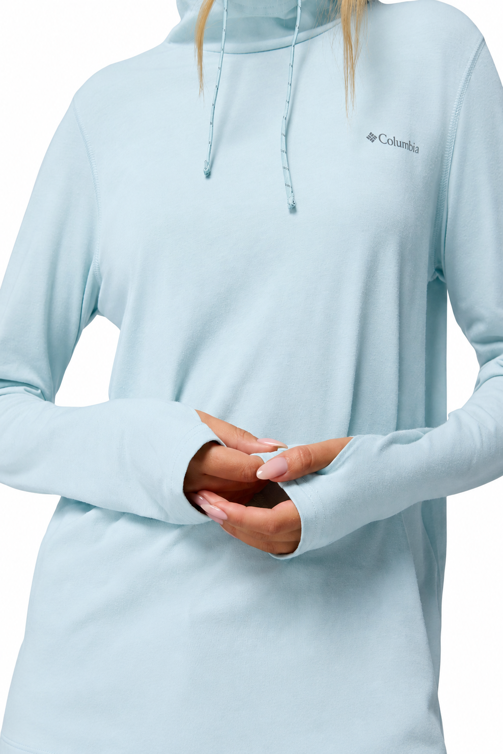 Sweat-shirt anti-UV bleu clair UPF 50+ pour femme, confortable et élégant, parfait pour profiter du soleil.