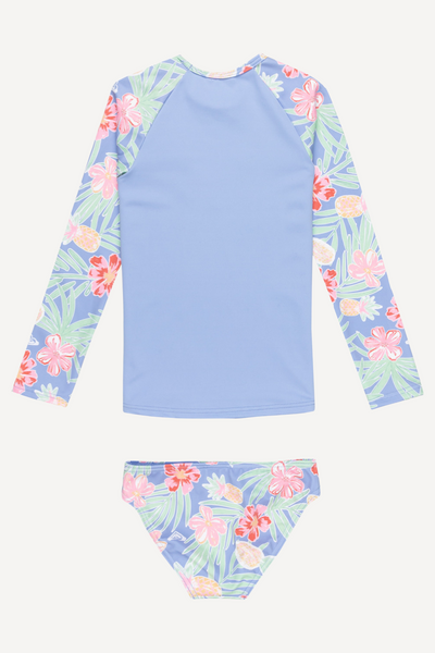Ensemble de bain anti-UV bleu clair pour fille, manches longues, UPF 50+, avec imprimé floral tropical.