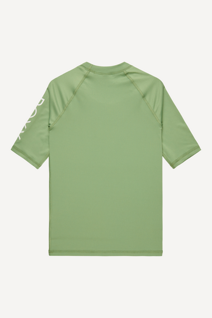 T-shirt de bain anti-UV vert léger, manches courtes, UPF 50+, idéal pour enfants durant les activités aquatiques.