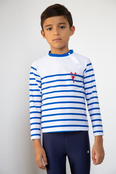 T-shirt de bain anti-UV rayé bleu et blanc pour garçon, manches longues, UPF 50+, idéal pour la plage et la protection solaire.